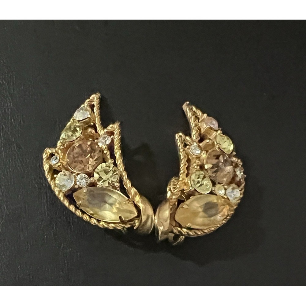 VTG Emmons earrings MULTICOLOR RHINESTONE AMBER GLOW  openwork Climber - Picture 8 of 15